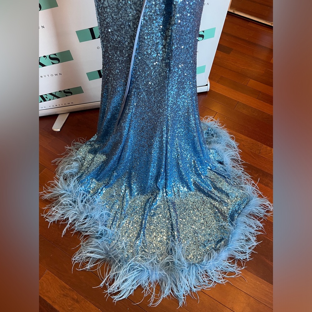 Sherri Hill fitted sequin gown with lace up, slit, and ostrich feathered hem - Picture 4 of 5